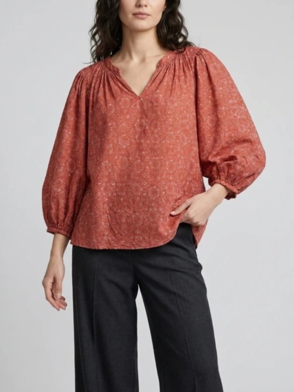 ANA A New Approach Women's peasant blouse Top Boho V-neck Loose Fit Rust Size M